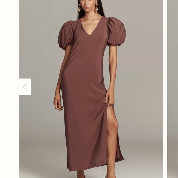 Anthropologie x Loverly Grey Puff Sleeve V-Neck maxi Dress NWT! Size xs - Picture 3 of 8